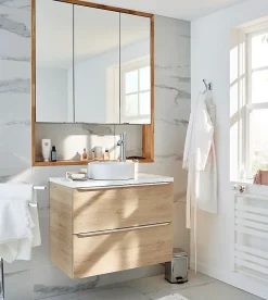 GoodHome Meuble sous vasque suspendu effet chêne l.80 x H.60 x P.45 cm, Imandra* Meuble Buanderie|Meuble Sous-Vasque