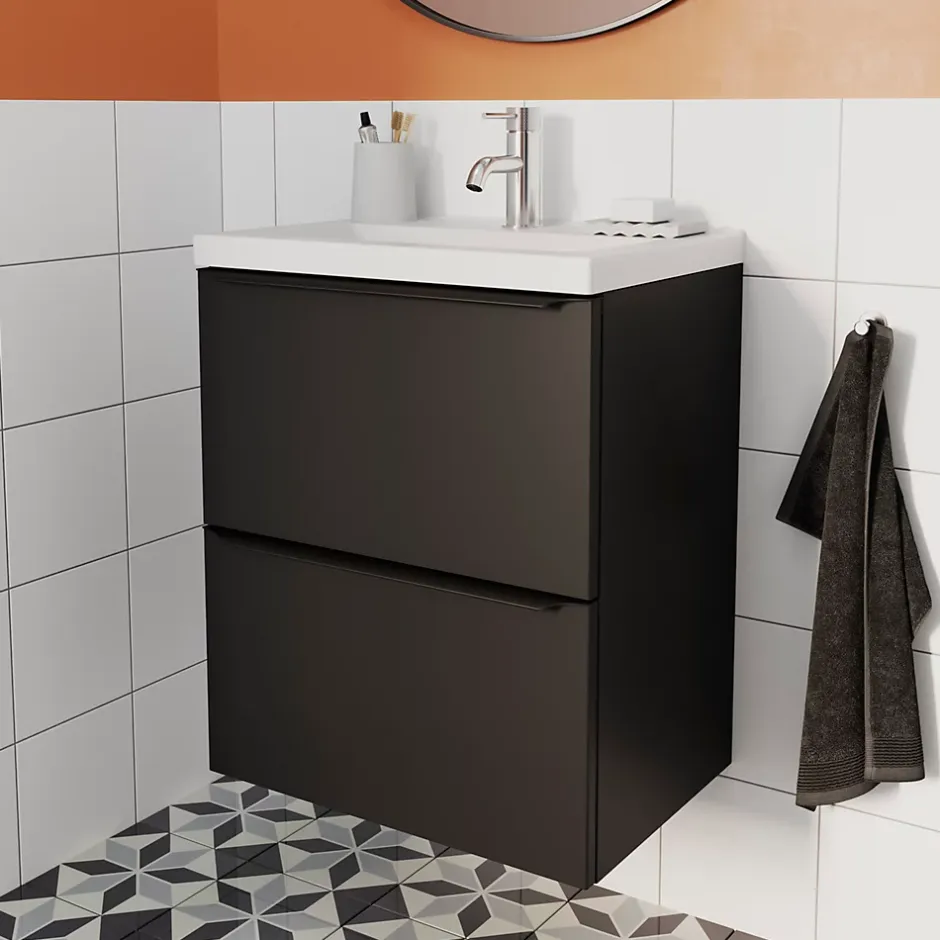 GoodHome Meuble sous vasque suspendu faible profondeur noir mat l.50 x H.60 x P.36 cm, Imandra