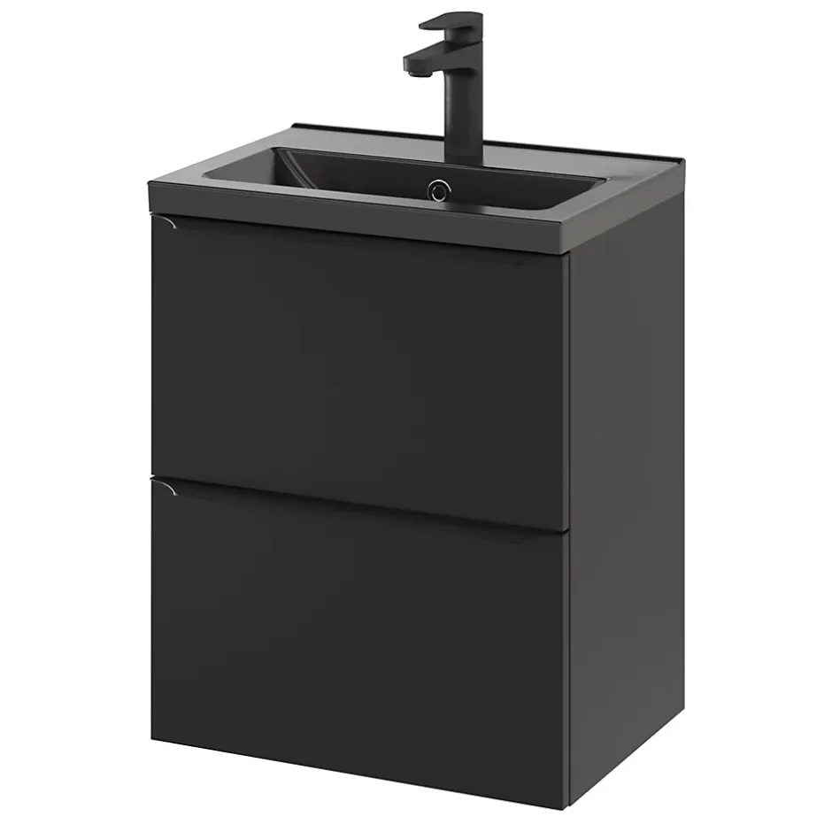 GoodHome Meuble sous vasque suspendu faible profondeur noir mat l.50 x H.60 x P.36 cm, Imandra