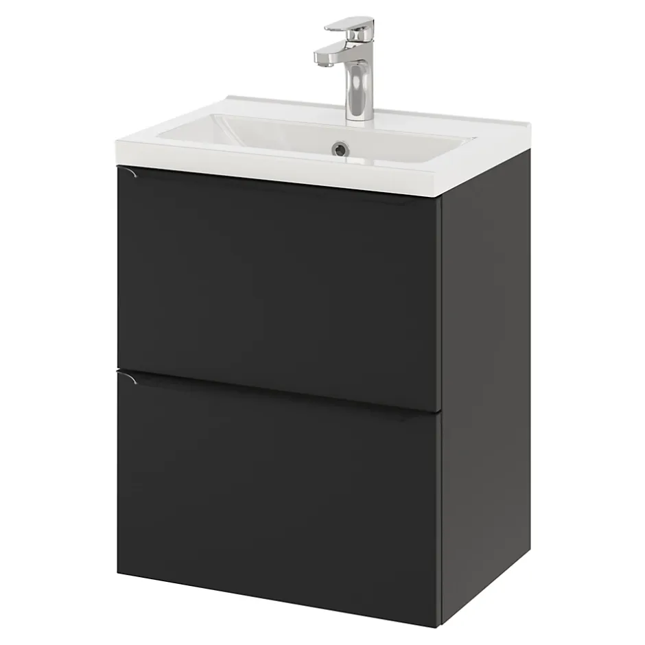 GoodHome Meuble sous vasque suspendu faible profondeur noir mat l.50 x H.60 x P.36 cm, Imandra
