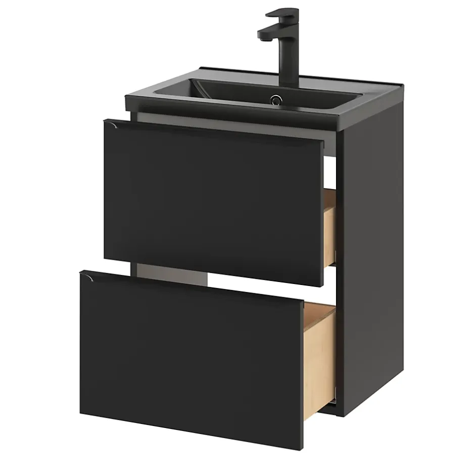 GoodHome Meuble sous vasque suspendu faible profondeur noir mat l.50 x H.60 x P.36 cm, Imandra