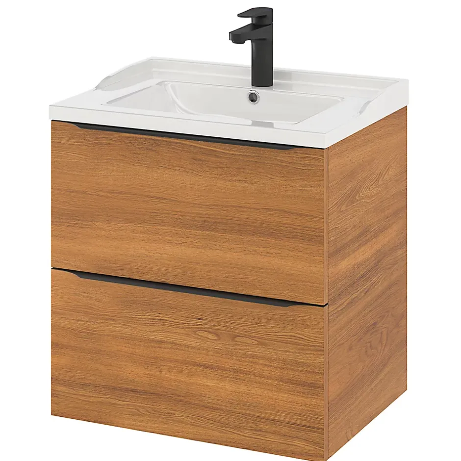 GoodHome Meuble sous vasque suspendu effet noyer l.60 x H.60 x P.45 cm, Imandra* Meuble Buanderie|Meuble De Salle De Bains Faible Profondeur