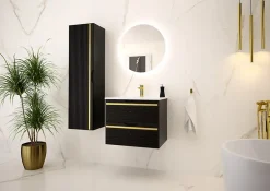Furnidea Meuble sous vasque suspendu VESPER noir 60 cm - bande décorative dorée* Meuble Sous Lavabo