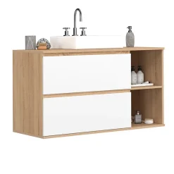 IDMarket Meuble sous vasque suspendu salle de bain TOMI 2 tiroirs et 2 niches façon hêtre et blanc* Armoire De Salle De Bains