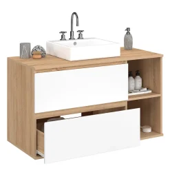 IDMarket Meuble sous vasque suspendu salle de bain TOMI 2 tiroirs et 2 niches façon hêtre et blanc* Armoire De Salle De Bains