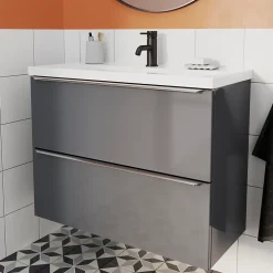 GoodHome Meuble sous vasque suspendu faible profondeur gris taupe brillant l.80 x H.60 x P.36 cm, Imandra* Meuble De Salle De Bains Faible Profondeur|Meuble Sous-Vasque