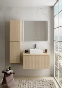 Ipiemme SRL Meuble sous vasque suspendu placage chêne clair strié l.90 x H.46,5 x P.50,5 cm pour évacuation centrale, Pura* Meuble Sous-Vasque