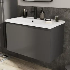 GoodHome Meuble sous vasque suspendu gris anthracite mat 2 tiroirs l.80 x H.48 x P.45 cm Levanna* Meuble Sous-Vasque