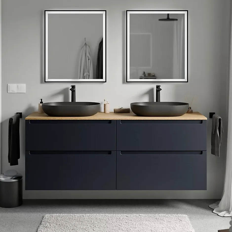 Bernstein Meuble sous vasque suspendu MDF Bleu nuit mat, plan vasque Chêne miel, tiroirs pivotants - 160x46x62cm - VIREO