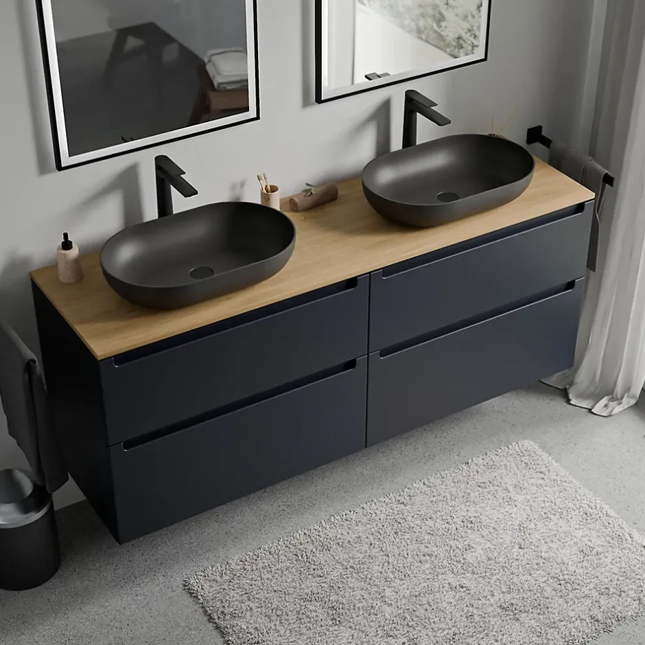 Bernstein Meuble sous vasque suspendu MDF Bleu nuit mat, plan vasque Chêne miel, tiroirs pivotants - 160x46x62cm - VIREO