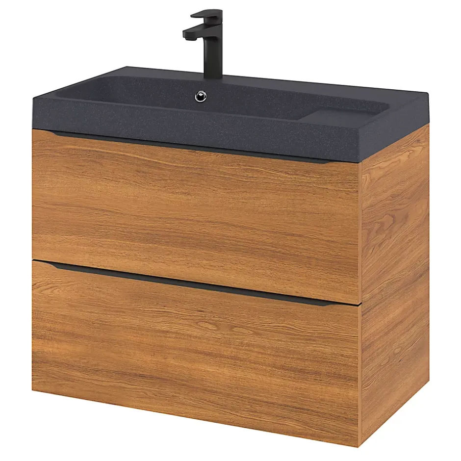 GoodHome Meuble sous vasque suspendu effet noyer l.80 x H.60 x P.45 cm, Imandra* Meuble Buanderie|Meuble De Salle De Bains Faible Profondeur