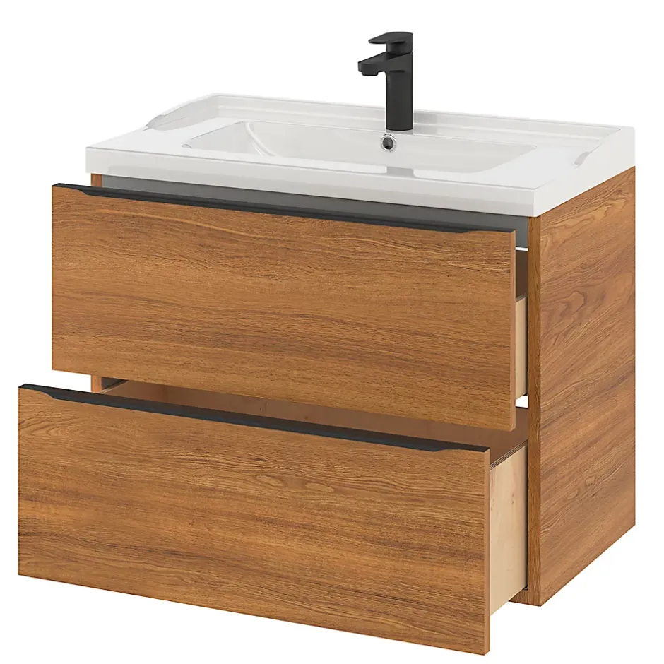 GoodHome Meuble sous vasque suspendu effet noyer l.80 x H.60 x P.45 cm, Imandra* Meuble Buanderie|Meuble De Salle De Bains Faible Profondeur