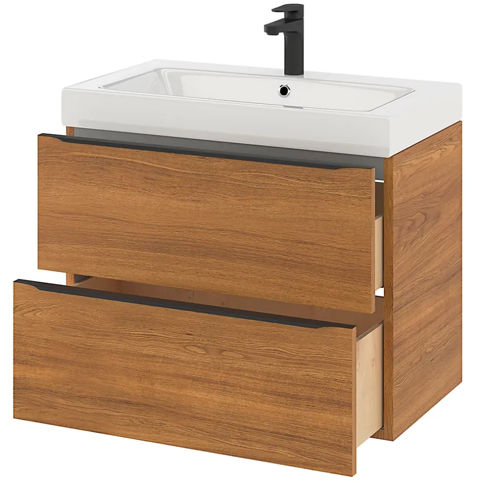 GoodHome Meuble sous vasque suspendu effet noyer l.80 x H.60 x P.45 cm, Imandra* Meuble Buanderie|Meuble De Salle De Bains Faible Profondeur