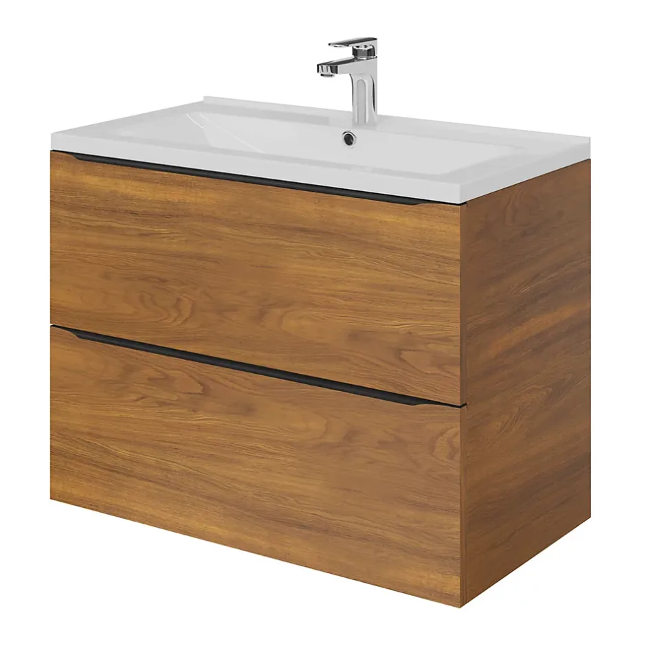 GoodHome Meuble sous vasque suspendu effet noyer l.80 x H.60 x P.45 cm, Imandra* Meuble Buanderie|Meuble De Salle De Bains Faible Profondeur
