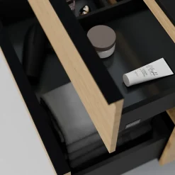 Bernstein Meuble sous vasque suspendu MDF Chêne miel, plan vasque Bleu nuit mat, poignée Noir mat - 80x46x62cm - LAVOA* Meuble Sous-Vasque