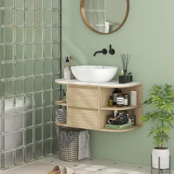 Homcom Meuble sous vasque suspendu design tiroirs étagères - dim. 90L x 45P x 46H cm - effet bois clair* Meuble Sous-Vasque