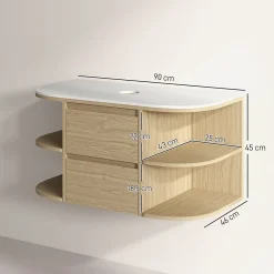 Homcom Meuble sous vasque suspendu design tiroirs étagères - dim. 90L x 45P x 46H cm - effet bois clair* Meuble Sous-Vasque