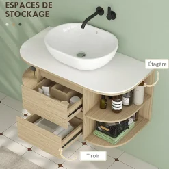 Homcom Meuble sous vasque suspendu design tiroirs étagères - dim. 90L x 45P x 46H cm - effet bois clair* Meuble Sous-Vasque