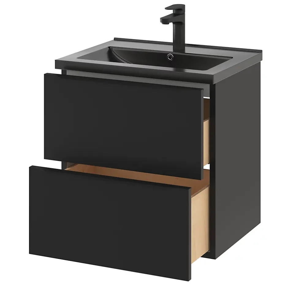 GoodHome Meuble sous vasque suspendu noir mat l.60 x H.60 x P.45 cm, Imandra