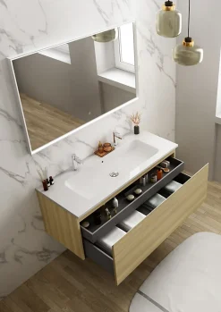 Ipiemme SRL Meuble sous vasque suspendu effet chêne l.120 x H.46,5 x P.50,5 cm pour plan simple vasque, Pura+* Meuble Sous-Vasque