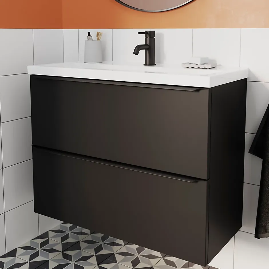 GoodHome Meuble sous vasque suspendu faible profondeur noir mat l.80 x H.60 x P.36 cm, Imandra* Meuble Buanderie|Meuble De Salle De Bains Faible Profondeur