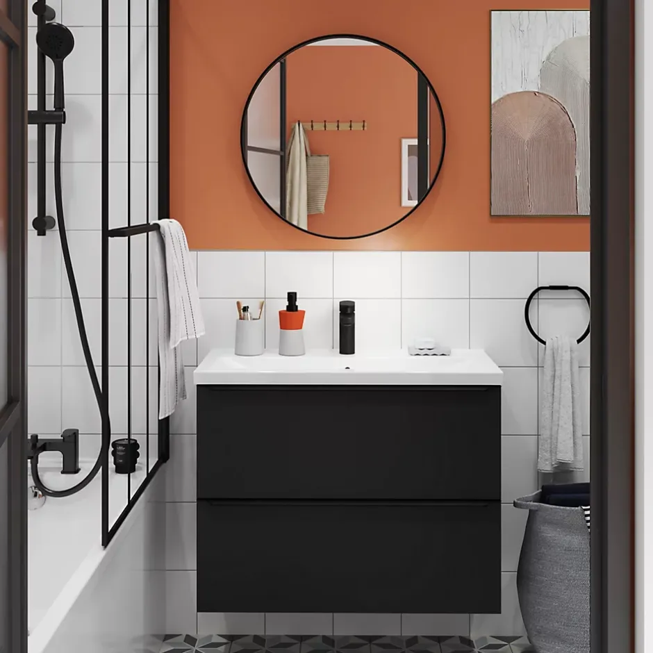 GoodHome Meuble sous vasque suspendu faible profondeur noir mat l.80 x H.60 x P.36 cm, Imandra* Meuble Buanderie|Meuble De Salle De Bains Faible Profondeur