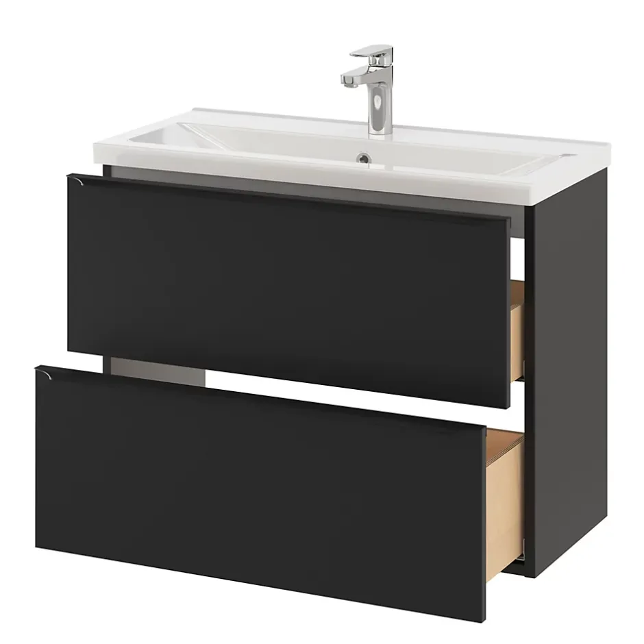 GoodHome Meuble sous vasque suspendu faible profondeur noir mat l.80 x H.60 x P.36 cm, Imandra* Meuble Buanderie|Meuble De Salle De Bains Faible Profondeur
