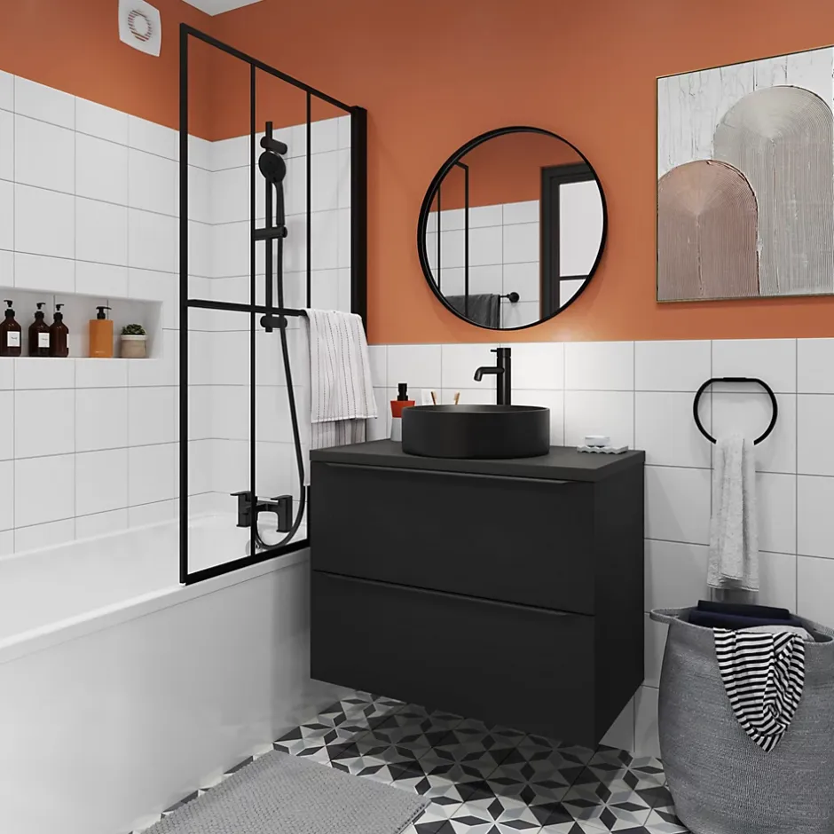 GoodHome Meuble sous vasque suspendu noir mat l.80 x H.60 x P.45 cm, Imandra* Meuble Buanderie|Meuble De Salle De Bains Faible Profondeur