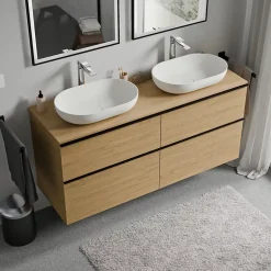 Bernstein Meuble sous vasque suspendu MDF Chêne miel, plan vasque Chêne miel, poignée Anthracite mat - 140x46x62cm - LAVOA
