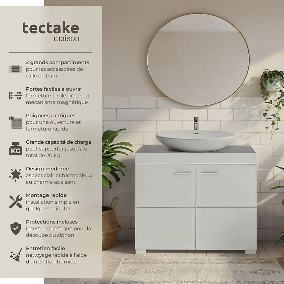 Tectake Meuble sous-lavabo 2 compartiments avec 2 portes battantes blanc