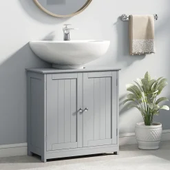 kleankin Meuble sous-vasque - 2 portes rainurées avec étagère réglable - poignées métal chromé - dim. 60L x 30l x 60H cm - MDF