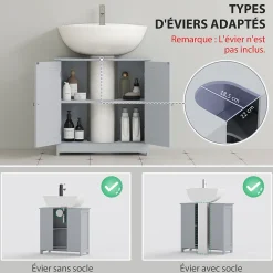 kleankin Meuble sous-vasque - 2 portes rainurées avec étagère réglable - poignées métal chromé - dim. 60L x 30l x 60H cm - MDF