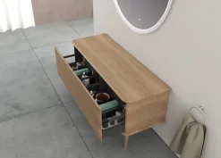Baden Meuble sous-vasque à suspendre l.141 cm avec plan de toilette et pieds H.29 cm, effet chêne tabac, Idra