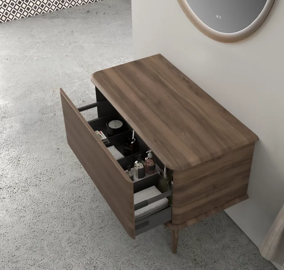 Baden Meuble sous-vasque à suspendre l.95 cm avec plan de toilette et pieds H.29 cm, effet noyer, Idra* Meuble Buanderie
