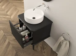 Baden Meuble sous-vasque à suspendre l.61 cm avec plan de toilette, vasque à poser et pieds, noir mat, Idra