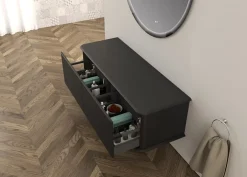 Baden Meuble sous-vasque à suspendre l.141 cm avec plan de toilette et pieds H.29 cm, noir mat, Idra* Meuble Buanderie