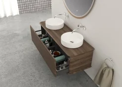 Baden Meuble sous-vasque à suspendre l.141 cm avec plan de toilette et 2 vasques à poser, effet noyer, Idra* Meuble Buanderie