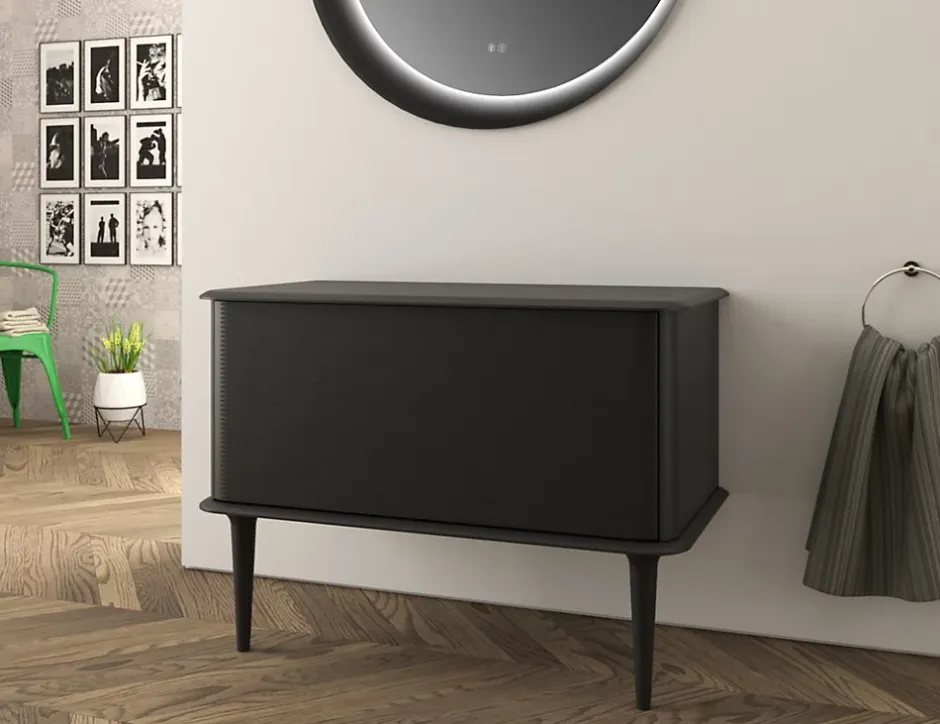 Baden Meuble sous-vasque à suspendre l.95 cm avec plan de toilette et pieds H.29 cm, noir mat, Idra* Meuble Buanderie