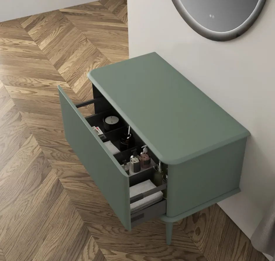 Baden Meuble sous-vasque à suspendre l.95 cm avec plan de toilette et pieds H.29 cm, vert mat, Idra* Meuble Buanderie