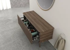 Baden Meuble sous-vasque à suspendre l.141 cm avec plan de toilette et pieds H.29 cm, effet noyer, Idra