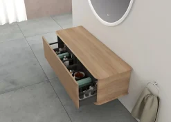 Baden Meuble sous-vasque à suspendre l.141 cm avec plan de toilette, effet chêne tabac, Idra