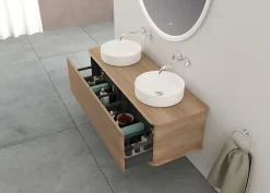 Baden Meuble sous-vasque à suspendre l.141 cm avec plan de toilette et 2 vasques à poser, effet chêne tabac, Idra