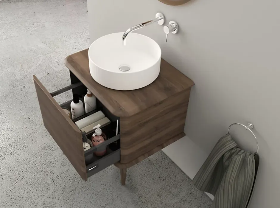 Baden Meuble sous-vasque à suspendre l.61 cm avec plan de toilette, vasque à poser et pieds H.29 cm, effet noyer, Idra