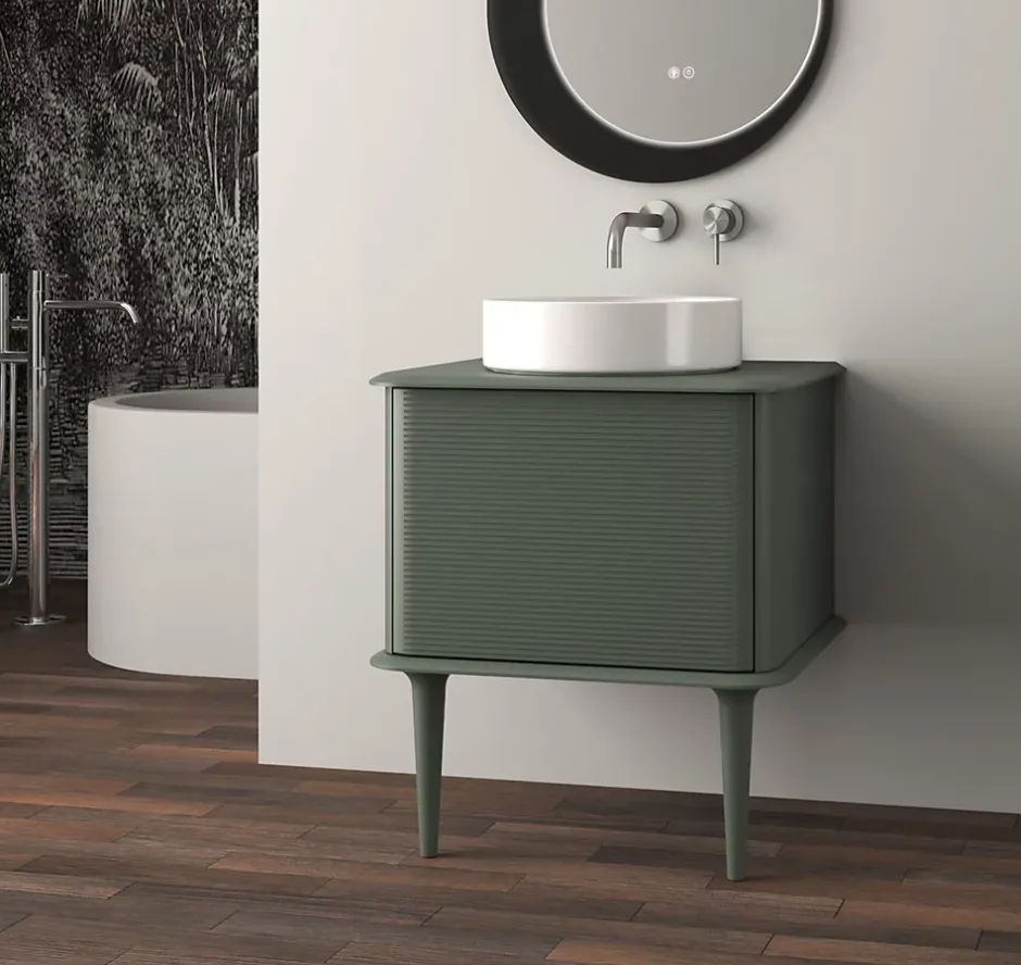 Baden Meuble sous-vasque à suspendre l.61 cm avec plan de toilette, vasque à poser et pieds H.29 cm, vert mat, Idra* Meuble Buanderie