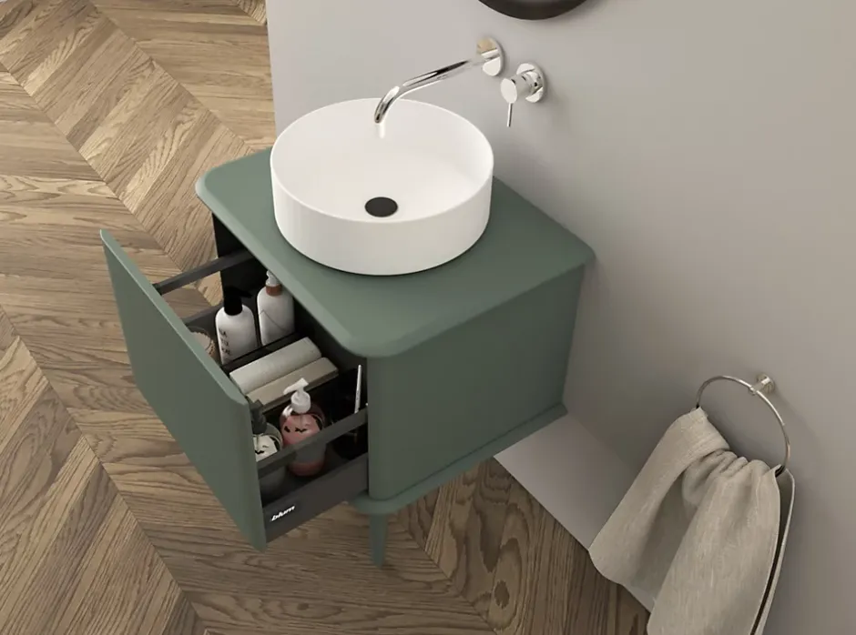 Baden Meuble sous-vasque à suspendre l.61 cm avec plan de toilette, vasque à poser et pieds H.29 cm, vert mat, Idra* Meuble Buanderie