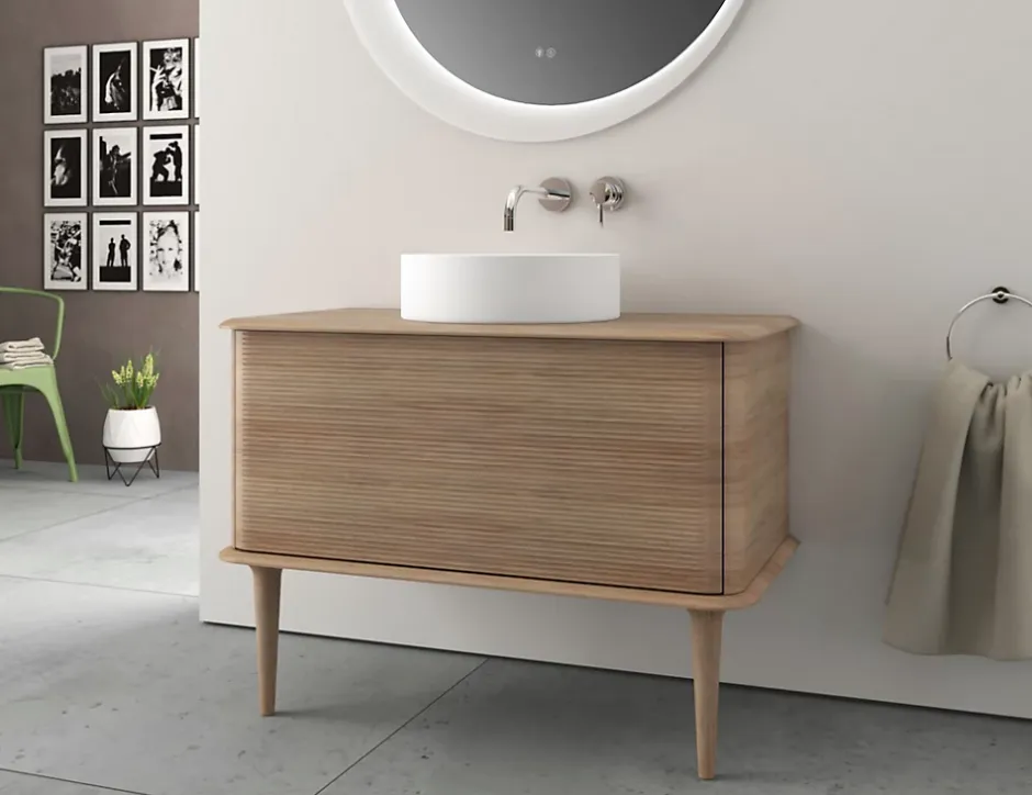 Baden Meuble sous-vasque à suspendre l.95 cm avec plan de toilette, vasque à poser et pieds H.29 cm, effet chêne tabac, Idra* Meuble Buanderie