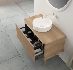 Baden Meuble sous-vasque à suspendre l.95 cm avec plan de toilette, vasque à poser et pieds H.29 cm, effet chêne tabac, Idra* Meuble Buanderie