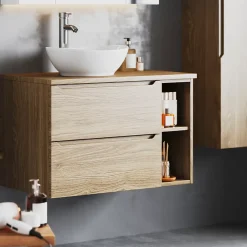 Petits-Meubles Meuble sous-vasque 80cm 2 niches plan de toilette Viggo Bois* Meuble Sous-Vasque