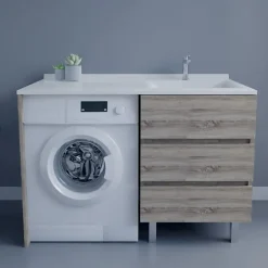 Cuisibane Meuble spécial lave-linge KORA avec plan vasque déportée 124 cm x 65 cm- Bois- Vasque à droite