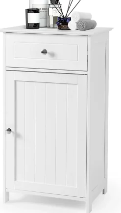 Giantex Meuble sur Pieds de Salle de Bain avec Étagères Réglables Tiroir et 1 Porte Armoire de Rangement pour Salle de Bain Blanc* Meuble Sous-Vasque